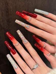 Unhas Postiças Feitas à Mão em Formato de Caixão Extra Longas com Estilo Y2K Baddie, Unhas Vermelhas, Unhas Postiças Super Brilhantes Vermelhas Glamourosas de Garota Quente, Fáceis de Usar 10 Peças Unhas Postiças Feitas à Mão Y2K, Adequadas para Meninas e Mulheres em Festivais, Festas e Uso Diário - Vermelho - Visão 4