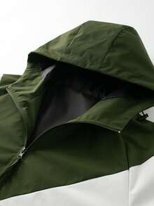 Men's Colorblock V-Shape Patchwork Hooded Jacket, Lightweight Windproof Outerwear With Zipper Pockets, Drawstring Adjustable Hood, Elastic Cuffs, Casual Sports Top, Spring/Autumn - Army Green - View 3