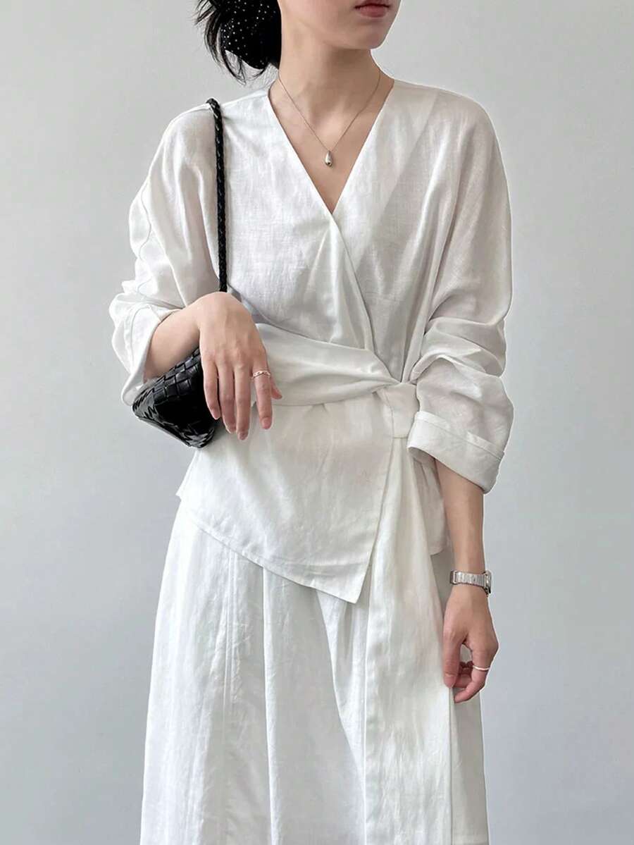 Elegant Fashion Asymmetrical Hem Tie-Front Blouse - White - View 1