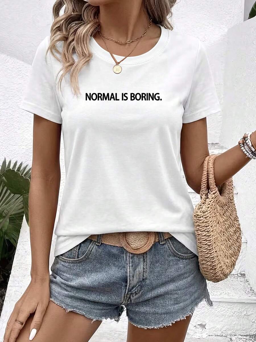 Women's"Normal Is Boring"English Letter Print T Shirt,Simple,Fashion,Elegant,Loose Round Neck Design,Breathable And Comfortable,Suitable For Daily Wea - 白色 - 查看 1