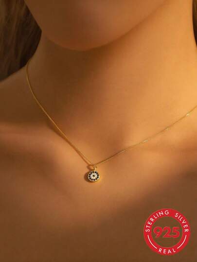 1pc S925 Sterling Silver Gold-Plated Blue Eye Pendant Necklace, Minimalist, Evil Eye Pendant Necklace, With Thin Side Chain, High-End Fashion, Suitable For Men And Women For Daily Wear.