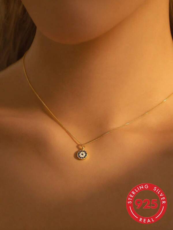 1pc S925 Sterling Silver Gold Plated Blue Eye Pendant Necklace, Minimalist Hypoallergenic, Evil Eye Pendant Necklace, With Thin Side Chain, High-End Fashion, Suitable For Men And Women Daily Wear