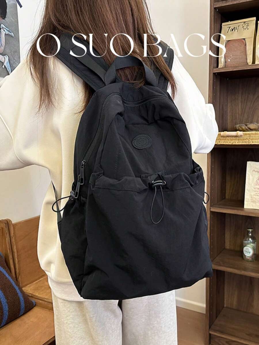 New Casual Travel Backpack Nylon Double Shoulder Bag Large Capacity Solid Color Student School Bag Waterproof Drawstring Hiking Bag Perfect For Daily Travel And School Use