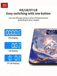 1 pieza Báscula electrónica con pantalla LED, báscula de baño plana 2D con diamantes brillantes, plataforma de pesaje decorativa - Adecuada para uso a largo plazo, satisface las necesidades de pesaje en el hogar, regalo de Navidad, Año Nuevo, Día de San Valentín, utiliza pilas AAA (pilas no incluidas) - A - Ver 6