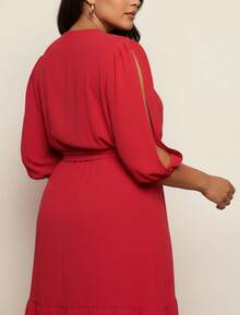 Women's Plus Size Long Dress Duna Flowy 3/4 Sleeve V-Neck Waist Tie Slit Ruffled Hem With Slit - 紅色 - 查看 4