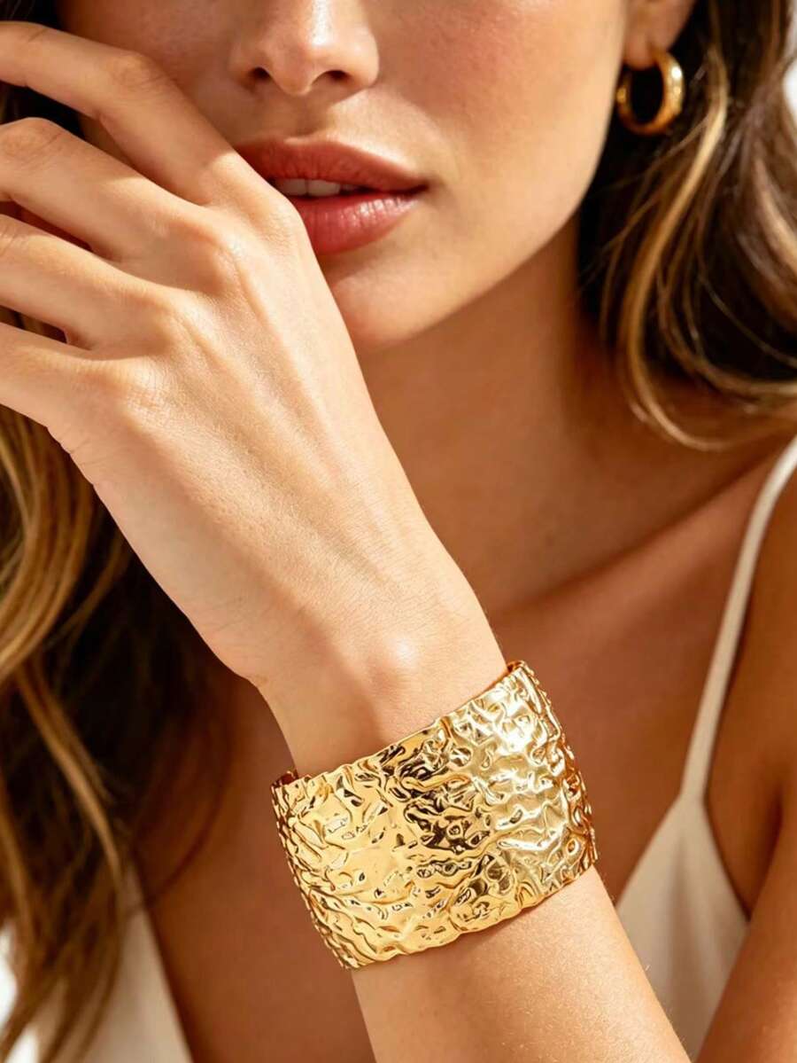 1 pieza Brazalete abierto geométrico exagerado estilo europeo & americano para mujer - Amarillo Oro - Ver 1