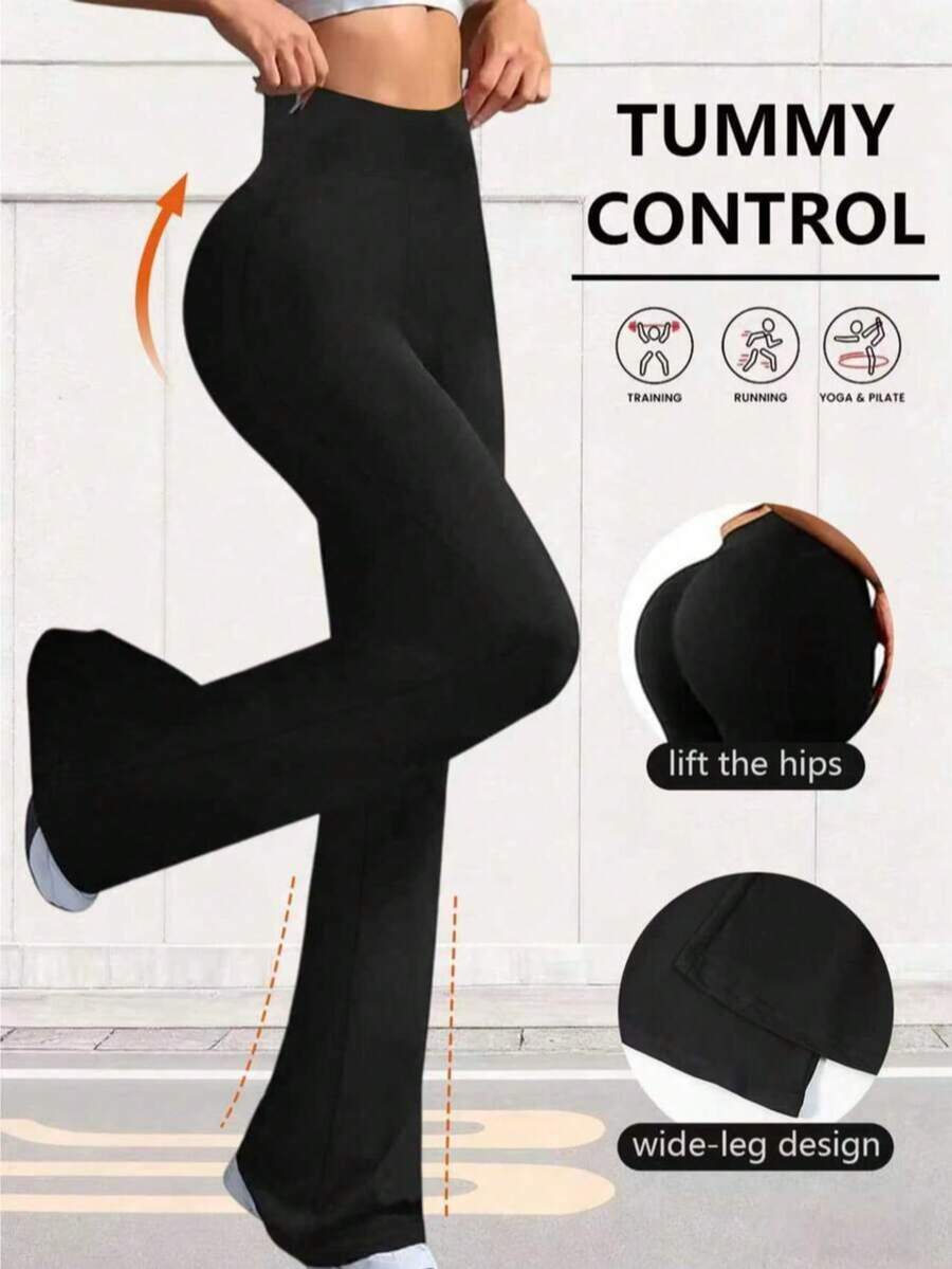 高腰純色喇叭腿緊身褲,高彈性瑜伽運動喇叭緊身褲,女款運動服 - 黑色 - 查看 1