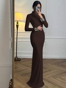 Fall Solid Color High Neck Long Sleeve Mermaid Maxi Dress, Open Back Bodycon Evening Gown, Elegant Cocktail Party Date Prom Outfit - Brown - View 6