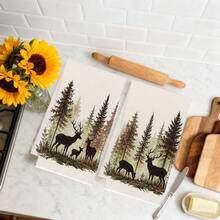MEMNUN 2 Pcs Misty Watercolor Fir Forest Deer Print Kitchen Towels, Dish Towels, Hand Towels, Dish Cloths, Home Decor, Kitchen Decor, Cooking Baking Hand Towels, Kitchen Accessories, Machine Washable, Cleaning Supplies, Suitable For Restaurant Kitchen, Home Decor And Gifts, All Seasons - Multicolor - View 7
