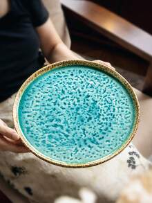 Mirror-Smooth Ceramic Dinner Plate With Crackle Decoration, Suitable For Home Or Restaurant Use. Ideal Tableware For Western Steak Dishes. Additionally, It Is A Very Suitable Large Round Ceramic Plate For Restaurant Use, Especially For Serving Sashimi And Other Delicacies. - Multicolor - View 1
