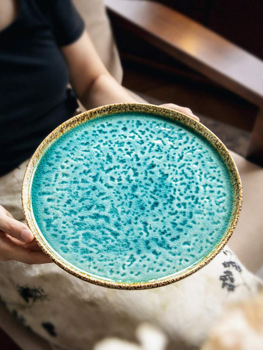 Mirror-Smooth Ceramic Dinner Plate With Crackle Decoration, Suitable For Home Or Restaurant Use. Ideal Tableware For Western Steak Dishes. Additionally, It Is A Very Suitable Large Round Ceramic Plate For Restaurant Use, Especially For Serving Sashimi And Other Delicacies. - Multicolor - View 1