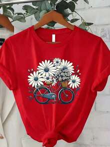 Mujer Casual Camiseta con Bicicleta y Margarita Estampado Diseño Creativo Tejido Suave Color Sólido Corte Holgado Cuello Redondo Manga Corta Primavera Verano Diario Playera - Rojo - Ver 1