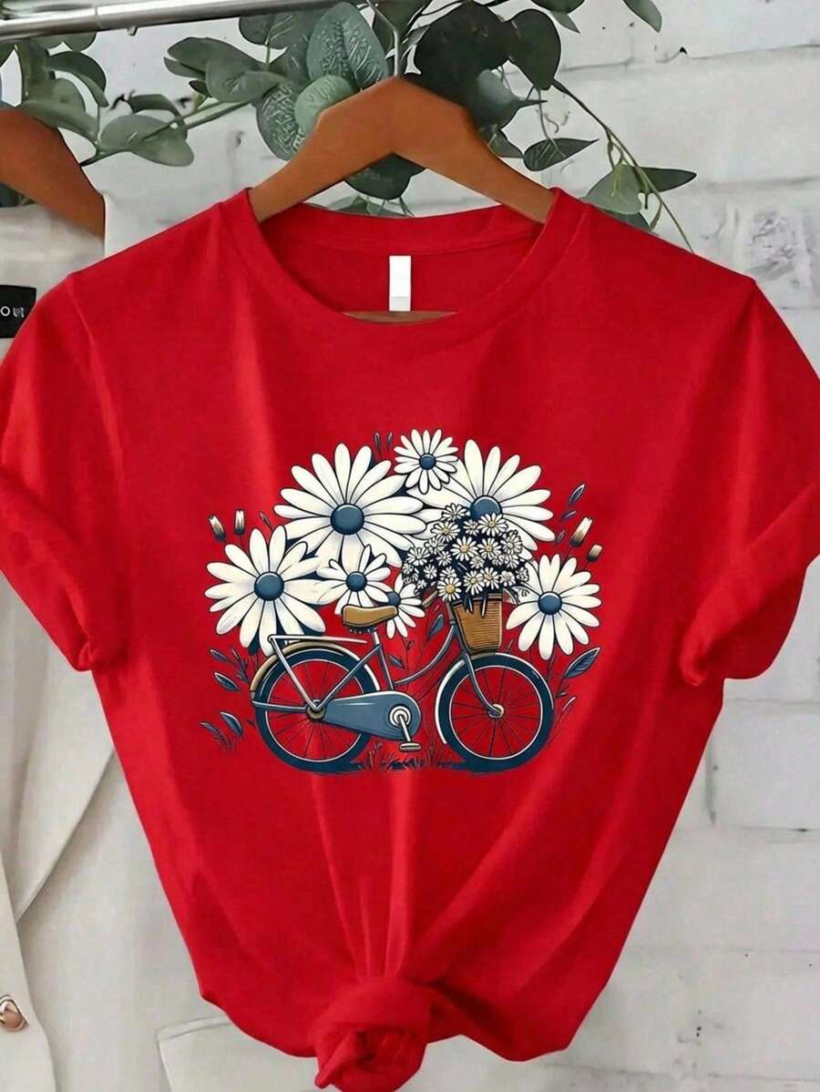 Mujer Casual Camiseta con Bicicleta y Margarita Estampado Diseño Creativo Tejido Suave Color Sólido Corte Holgado Cuello Redondo Manga Corta Primavera Verano Diario Playera - Rojo - Ver 1