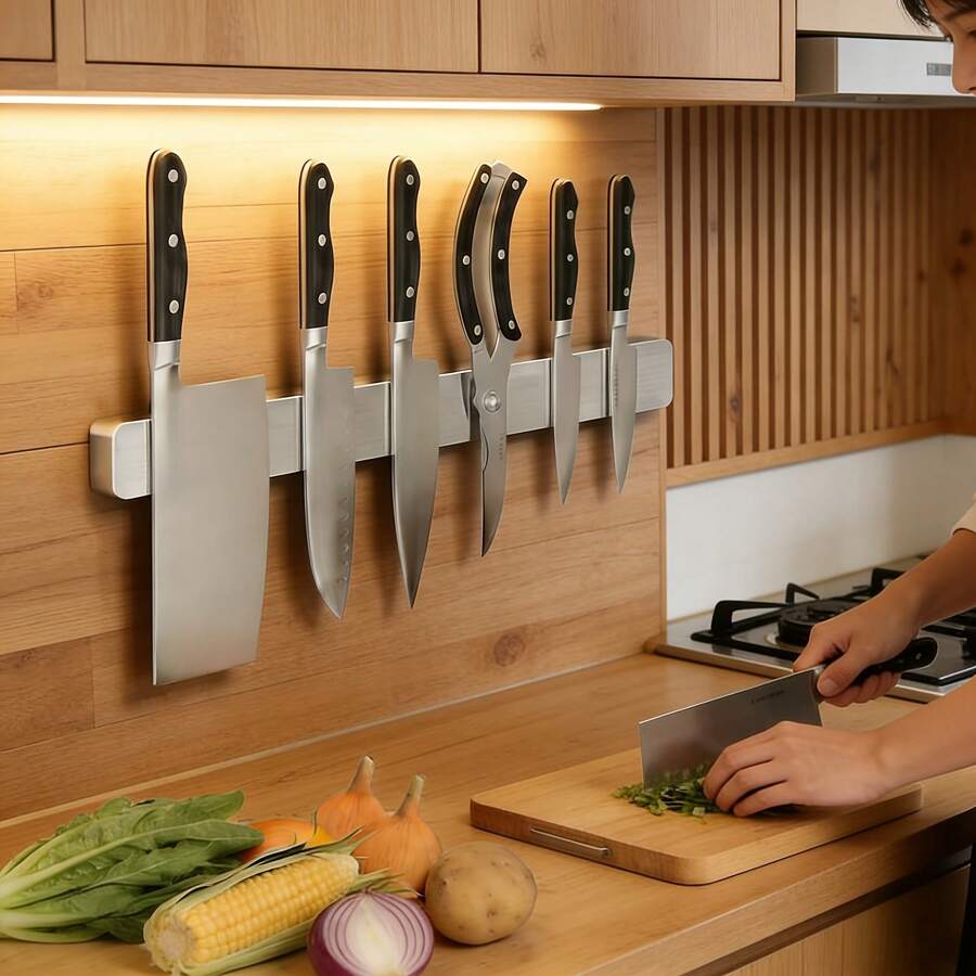 High-Quality Drill-Free Installation 304 Stainless Steel Magnetic Knife Rack - Space-Saving Wall-Mounted Magnetic Strip, Convenient Access And Design, Suitable For Storing Kitchen Knives, Scissors And Mixers, Wall-Mounted Magnetic Knife Rack. - 304 Stainless Steel [silver] - View 1