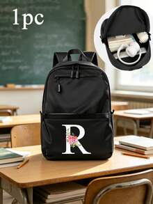 5/1pc Black Backpack A-Z 26 Floral Initial Print Multi-Zipper Large Capacity Lightweight Casual Style Student Classroom Travel Daily Use Laptop Storage Backpack Back To School Gift - Multicolor - View 17