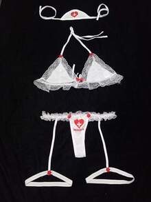 Fantasia Enfermeira com Viseira Sutiã Tanga e Cinta Liga Renda Luxo Lingerie Sexy - Branco - Visão 2