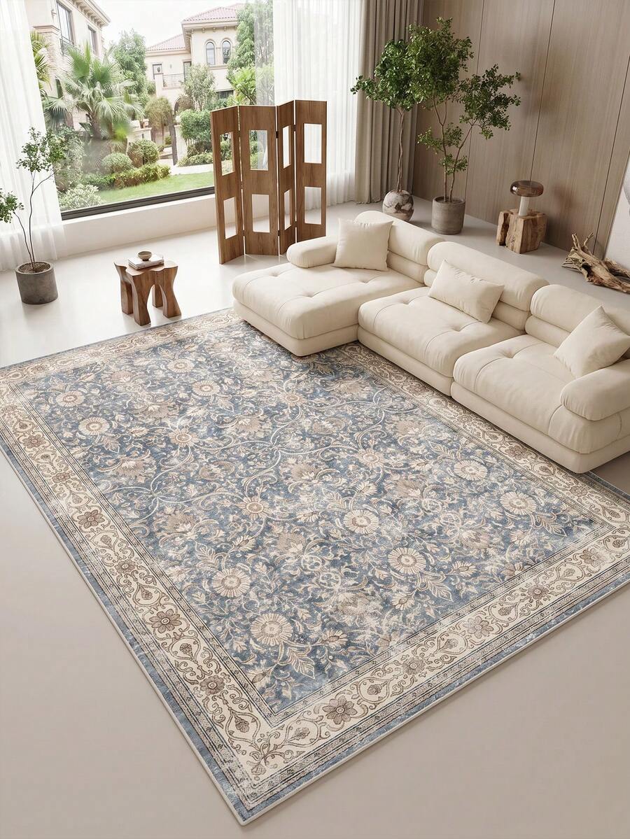 1pc Persian Floral Light Blue Distressed Living Room Rug, Suitable For Kitchen, Dining Room, Bedroom, Room Holiday Decor, Indoor/Outdoor, Office, Lobby, Non-Slip Doormat, Bathroom Rug, Hallway, Study Gaming Area Rug