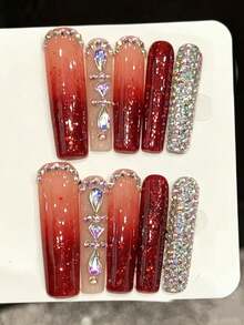 Unhas Postiças Feitas à Mão em Formato de Caixão Extra Longas com Estilo Y2K Baddie, Unhas Vermelhas, Unhas Postiças Super Brilhantes Vermelhas Glamourosas de Garota Quente, Fáceis de Usar 10 Peças Unhas Postiças Feitas à Mão Y2K, Adequadas para Meninas e Mulheres em Festivais, Festas e Uso Diário - Vermelho - Visão 9