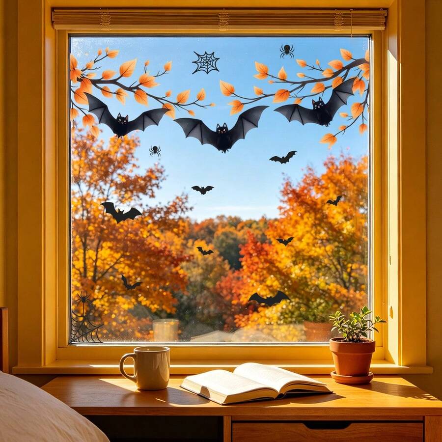 1pc Halloween Theme Static Cling Window Sticker, PVC Double-Sided Colorful Static Adsorption, Removable And Reusable, Cute Skull Ghost Bat Pumpkin Pattern Design, Suitable For Living Room, Bedroom, Bathroom, Kitchen Glass Sliding Door Decoration Sticker, Halloween Party Decoration - Multicolor - View 1