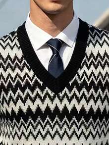 Autumn/Winter Retro Wavy Jacquard Men's V-Neck Knit Vest, Layering Essential, Sleeveless Loose Slouchy Style Contrast Color Sweater Vest - Black - View 3
