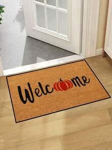 1pc Minimalist Red Pumpkin Welcome Letter Pattern Entryway Door Mat, Fun Minimalist Style Short Plush Quick-Dry Non-Slip Machine Washable Door Mat, Home Decor, Soft Furnishing Decor, Suitable For Kitchen, Bathroom, Dining Room, Entrance Mat, Party, Gathering, All Seasons, Yard Decor - Mustard Yellow - View 10