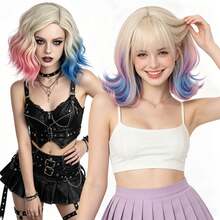 Peruca Sintética Bob Curta Ondulada Ombré Raiz Loira Pastel Rosa Azul para Cosplay, Role Play, Festa, Feriado, Fantasia, Acessório de Cabelo e Uso Diário, Halloween - Multicolorido - Visão 6