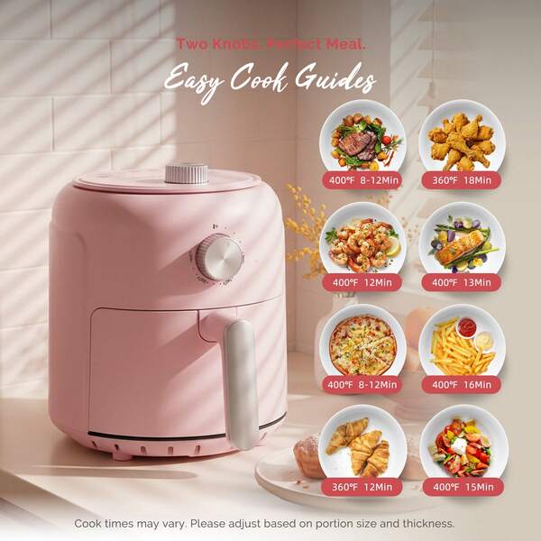 MIRASTON 2.8QT Compact Dial Air Fryer, Easy To Knob Control, Black And Pink, 1200W For Quick Cooking, Non Stick Dishwasher Basket, Matte Finish, Suitable For 1-2 People, Excellent Gift,