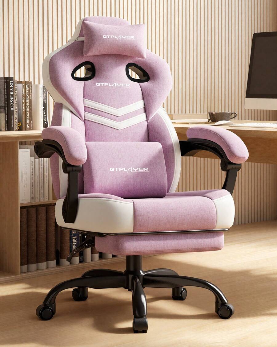 Fabric Gaming Chair With Footrest, Ergonomic Computer Desk Chair With Pocket Spring Cushion Home Office High Back Support Lumbar Support Heavy Duty Wide - Pink - View 1
