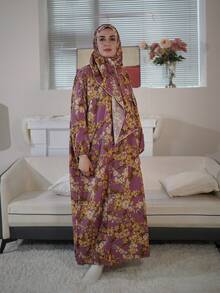 Plus Size Woven Long Prayer Robe, Colorful Abstract Print, Non-Stretch Full Coverage Robe, Suitable For Modest Attire - Multicolor - View 3