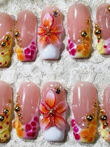Pegatinas de arte de uñas florales 3D hechas a mano, uñas postizas cuadradas medianas, estilo de verano, adecuadas para niñas y mujeres - Multicolor - Ver 3