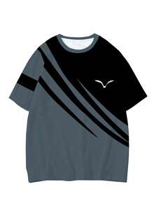 2pcs Plus Size Men's Contrast Color Striped Sports Set, Summer Short Sleeve T-Shirt + Shorts, Loose Fit Slimming Outfit - Dark Grey - View 3