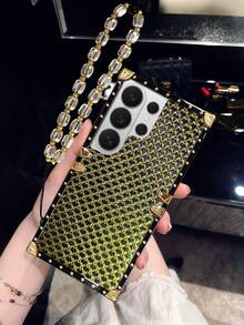 1件裝黑金壓紋亮片圖案水晶手鍊長方形手機殼，相容 Galaxy S26 Ultra/S26/S26 Plus/S25FE/S25Ultra/S25+/S25/S24 Plus/S24/S24U/S23 Ultra/S22ULTRA/A57 5G/A56 5G/A37 5G/A36/A17/A16，相容 Apple 17proamx/17/16 Promax/16/15PRO Max/15/14 Plus/15plus/14 Pro Max/13promax 機型。[國際版，非本地版] 圖案附保護膜，使用前請撕除 - 黑金色浮雕閃粉+水晶手鍊 - 查看 4