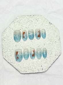 10pcs Summer Glacier Blue Underwater Koi Fish Water Ripple Gradient Gentle Fairy Shiny Cat Eye Short Oval Removable Reusable Nail Art Stickers (1pc Jelly Sticker + 1pc Nail File) Handmade Press On Nails - 彩色 - 查看 13
