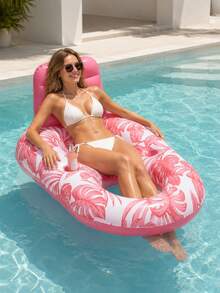 Inflatable Pool Lounger, Mesh Seat Water Float, Cooling Floating Bed For Swimming Pool, Tropical Leaf Design - Pink - View 5