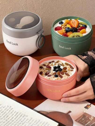Two-Tone Lunch Box, Round Breakfast Cup, Oatmeal Milk Cup, Rotating Sealed Leak-Proof Bento Box, Lunch Box Set With Utensils, Portable Outdoor Lunch Box, Suitable For Storing Oatmeal, Milk, Fruit, Salad And Other Foods
