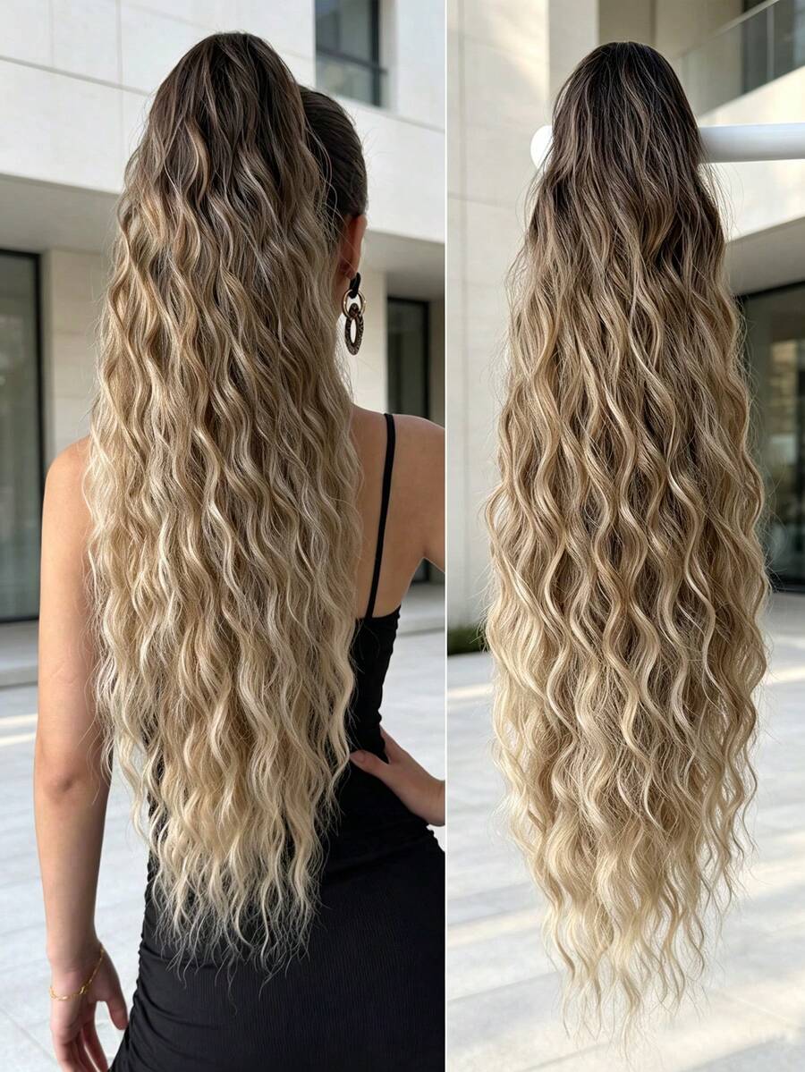 26 Inch Long Water Wave Heat Resistant Synthetic Ponytail, Daily Use Wig Hair Scrunchie For Women