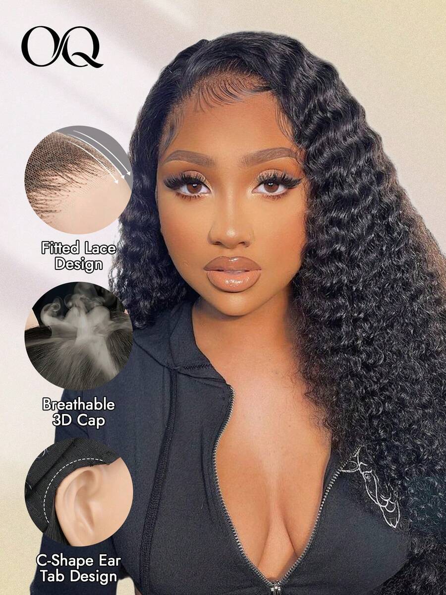OQ 180% Density 16-30 Inch Natural Color Curly Human Hair Wig, 7x5 HD Seamless Frontal Wig, Pre-Cut Pre-Trimmed, Unprocessed Pure Virgin Hair, Fashionable Natural Holiday Style, Suitable For Business And Home - SNatural - View 1