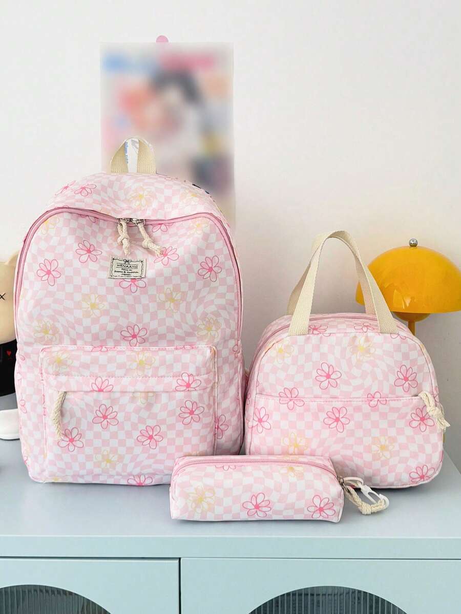 Mochila versátil de moda para mujer con bloques de color y estampado floral, doble correa, combinación de mochila y bolso escolar para estudiantes - Rosa - Ver 1