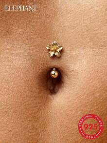 1pc S925 Sterling Silver 20G Polished Five-Petal Flower Belly Button Stud, 14K Gold Plated, Unisex Piercing Jewelry, Suitable For Daily Wear - Multicolor - View 6