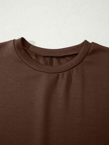 Acelitt Brown Casual Straight Mid-Length Dress, Women's Round Neck Short Sleeve Side Slit T-Shirt Dress, Suitable For Daily Wear Elegant Summer - Brown - View 4