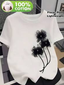 Lässiges Damen T-Shirt aus 100% Baumwolle mit schwarzem Blumenmuster; Relaxed Fit Kurzarmshirt, geeignet für Freizeitkleidung; Weich und atmungsaktiv, - nero - Visualizzare 1