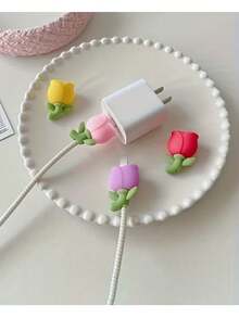 1PC/4pcs Cute Flower Cable Protector - Silicone Material, Decorative And Protective Charger Cable Sleeve, Suitable For Phone, Computer And More - Pink, Yellow, Red, Purple Design, Soft Rubber Anti-Breakage Cable Protector - Flowers - View 1