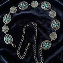 高需求西南風格綠松石花卉Concho腰鍊，熱門西部派對飾品，適合大尺寸襯衫穿搭造型 - 銀藍色 - 查看 1