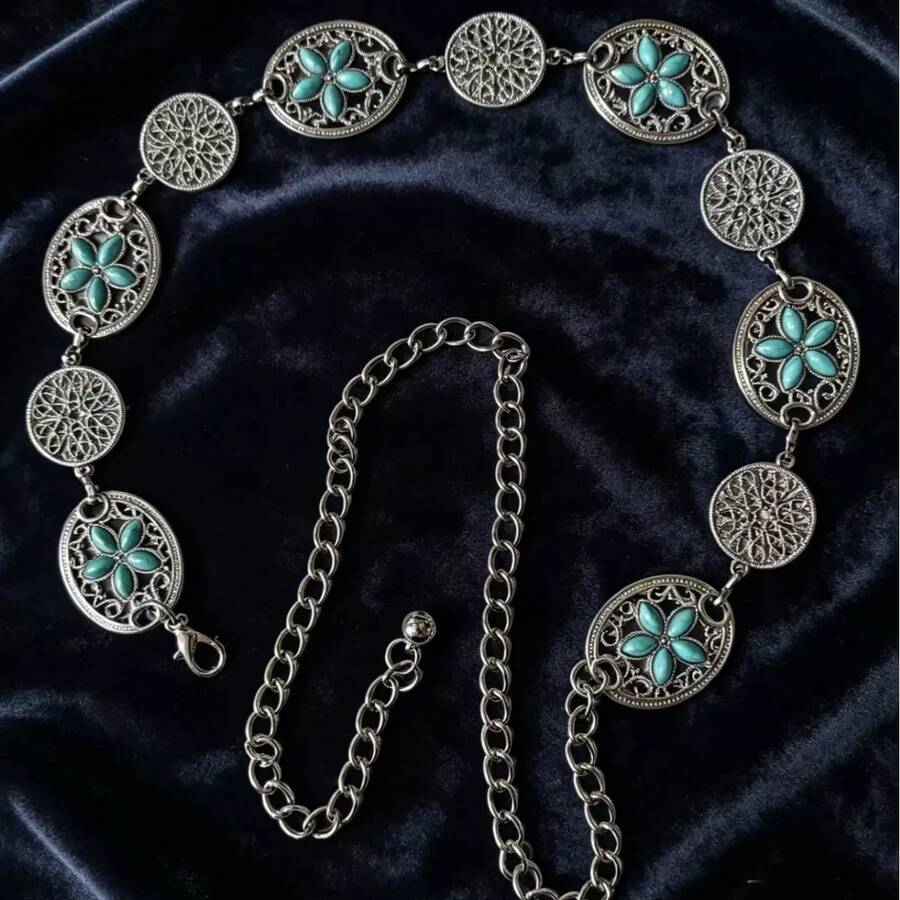 高需求西南風格綠松石花卉Concho腰鍊,熱門西部派對飾品,適合大尺寸襯衫穿搭造型 - 銀藍色 - 查看 1