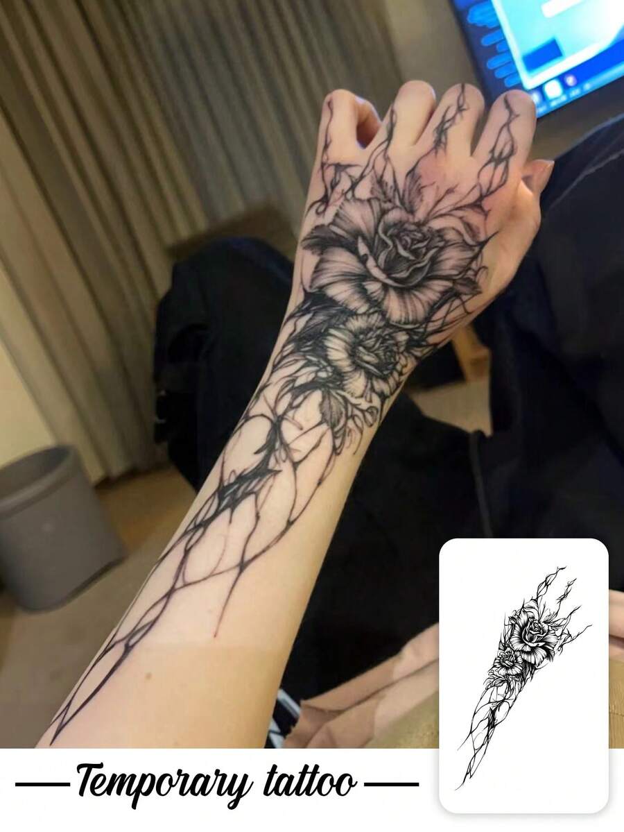 1件裝深色點刺青風格荊棘玫瑰垂直手臂圖案臨時紋身貼紙,逼真假紋身設計,適合日常、單身派對小禮物、音樂節、電競、畢業禮物,可維持3-5天 - 黑色 - 查看 1
