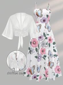 Women's Fashion Elegant Pearl 3D Floral Print Dress Chiffon Jacket Elegant 2-Piece Set Beach Vacation 2-Piece Set Summer - Multicolor - View 7