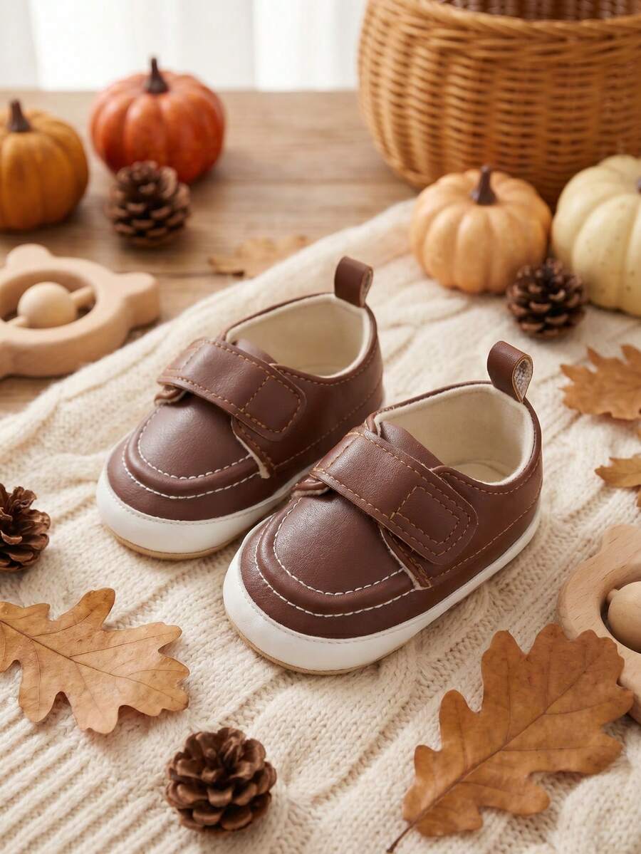 1 Pair Boys Solid Color PU Hook And Loop Flat Non-Slip 0-1 Years Old Infant Pre-Walker Shoes Simple Versatile Casual Sports Skate Shoes Suitable For Spring And Autumn - Brown - View 1