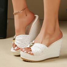 Women Woven Wedge Slide Sandals, Metal Decor Open Toe Platform Mules, Summer Vacation Slip On Wedge Slippers - White - View 3