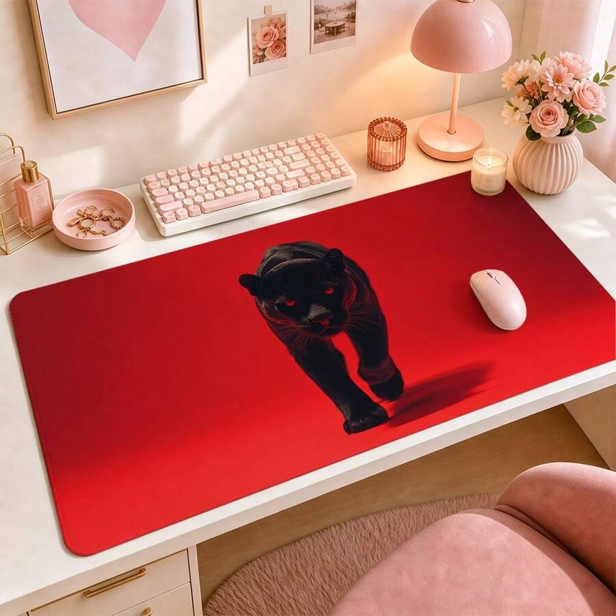 Cool Red Eye Large Desk Mat, Solid Bright Red Background Minimalist Animal Print Non-Slip Mouse Pad, Waterproof Long Keyboard Pad, Suitable For Vanity And Gaming Desk Decoration - View 1