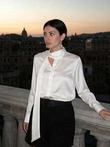 Women's Fashion Elegant French Design Satin White Blouse With Bow Tie, Front Button, Long Sleeve, Early Autumn New Style, Commute, Vacation, Daily Wear - White - View 3